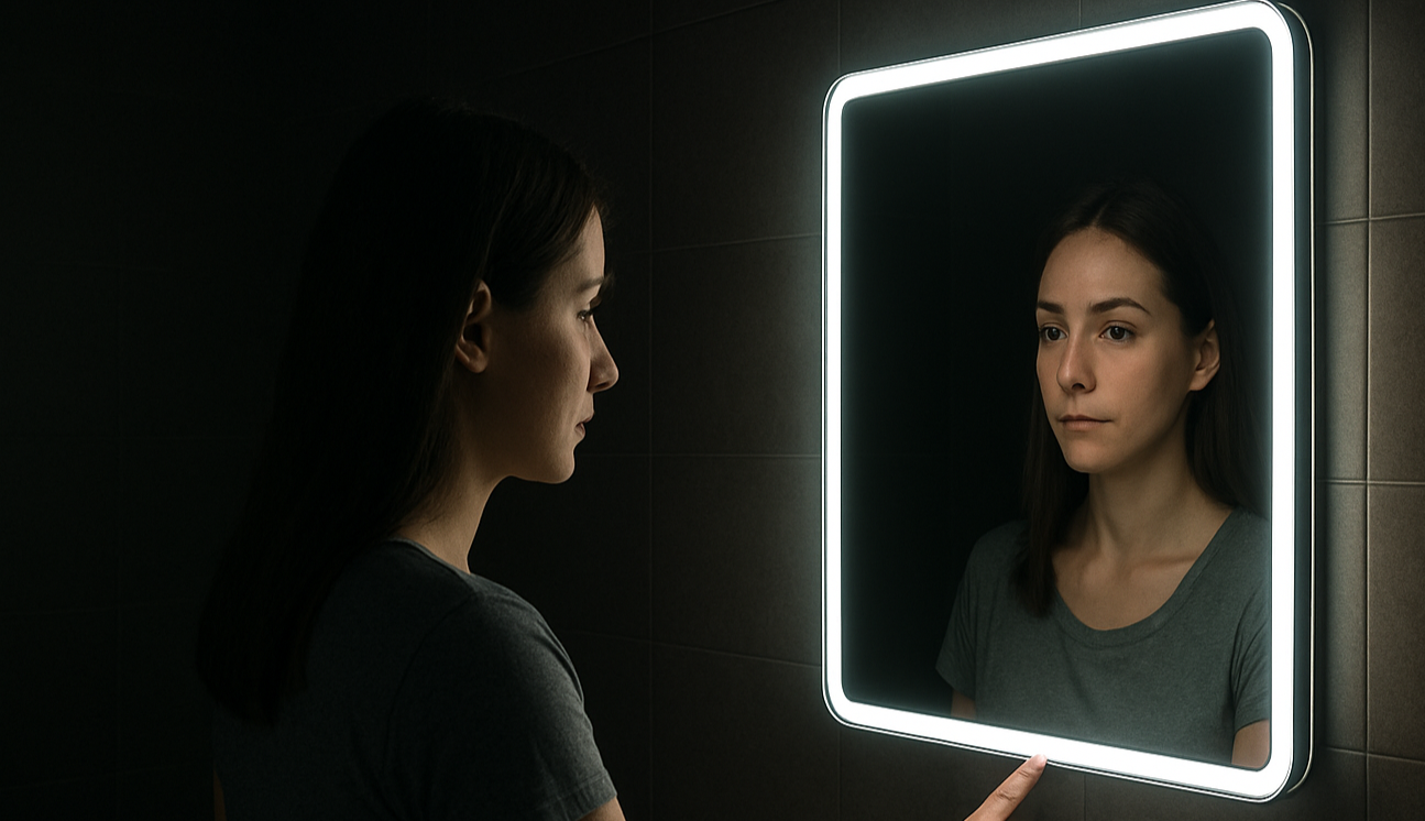 Woman looking at a modern bathroom mirror with LED lighting in a dark room.