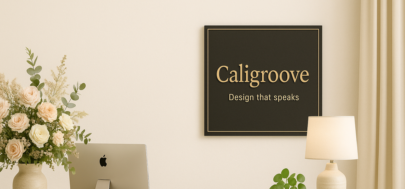 Modern office setup with a computer, flowers, and a lamp on a desk, featuring the brand 'Caligroove'.